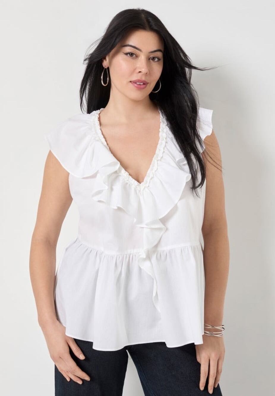June & Vie Ruffled Babydoll Peplum Sleeveless Tank Top White Cotton Size 3X